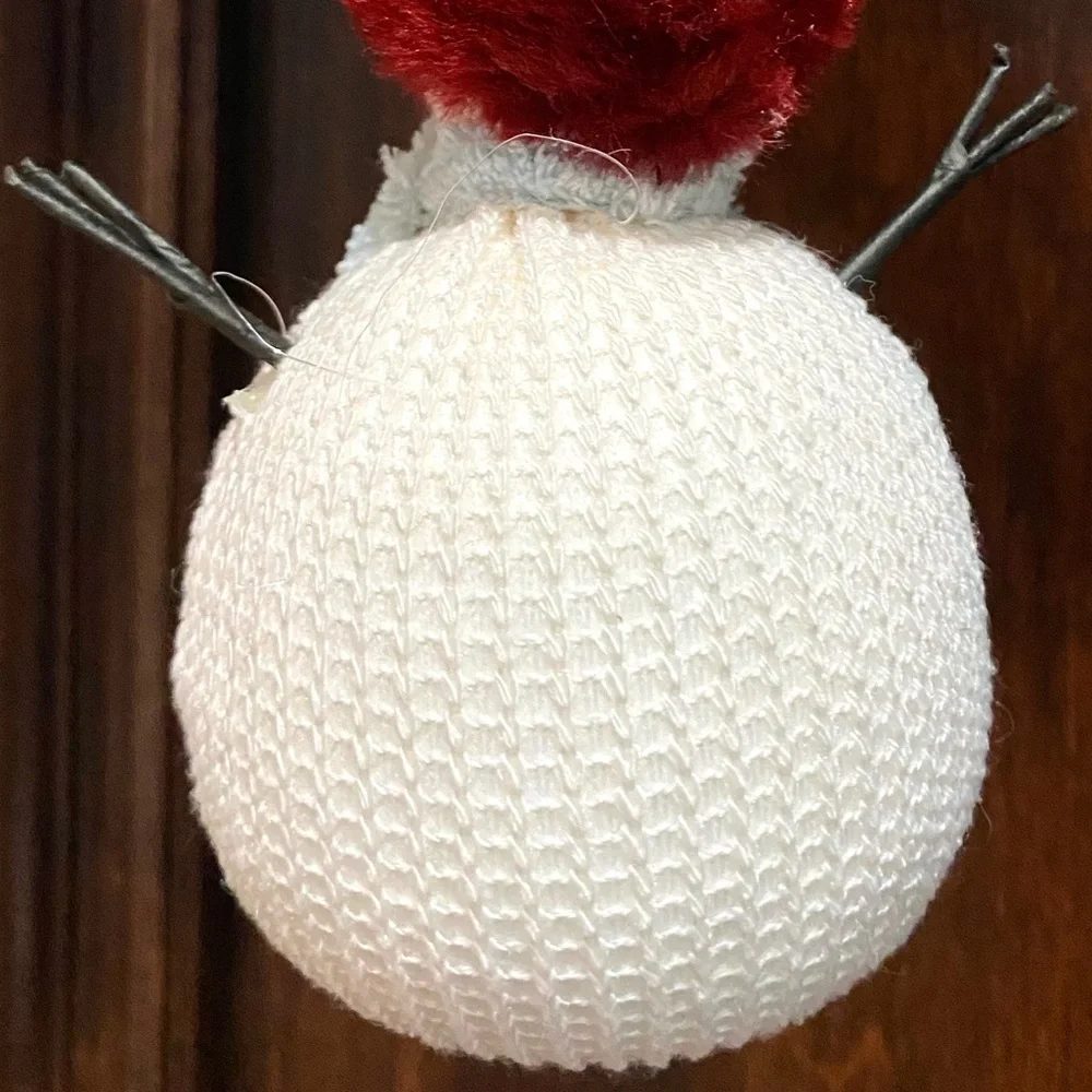 Snowman Cream Fabric Stick Arms Blue Scarf Red Hat Holiday Christmas Ornament